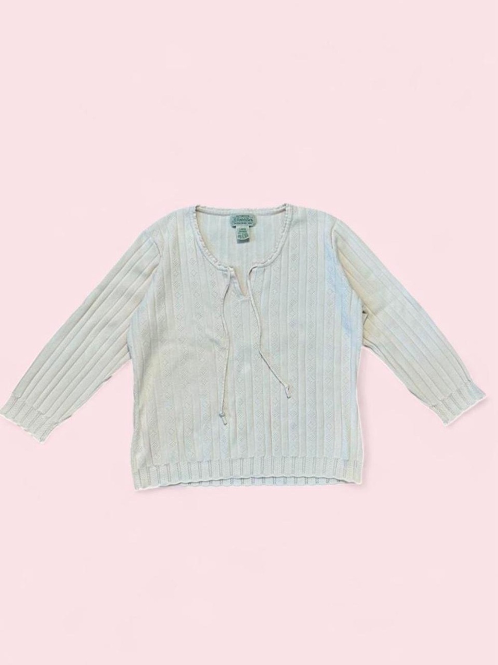 Vintage Cream Knit V-Neck Tie-Front Sweater